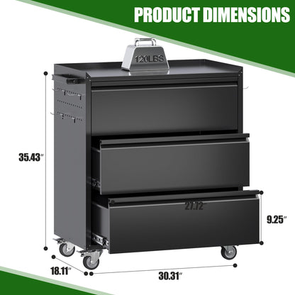 SUXXAN Metal Storage Cabinet with 3 Drawer and 4 Hooks,35.4" H Top Workbench Mobile Tool Chests Garage Cabinets with 4 Wheels,Tool Cabinets for Home,Office,Shop