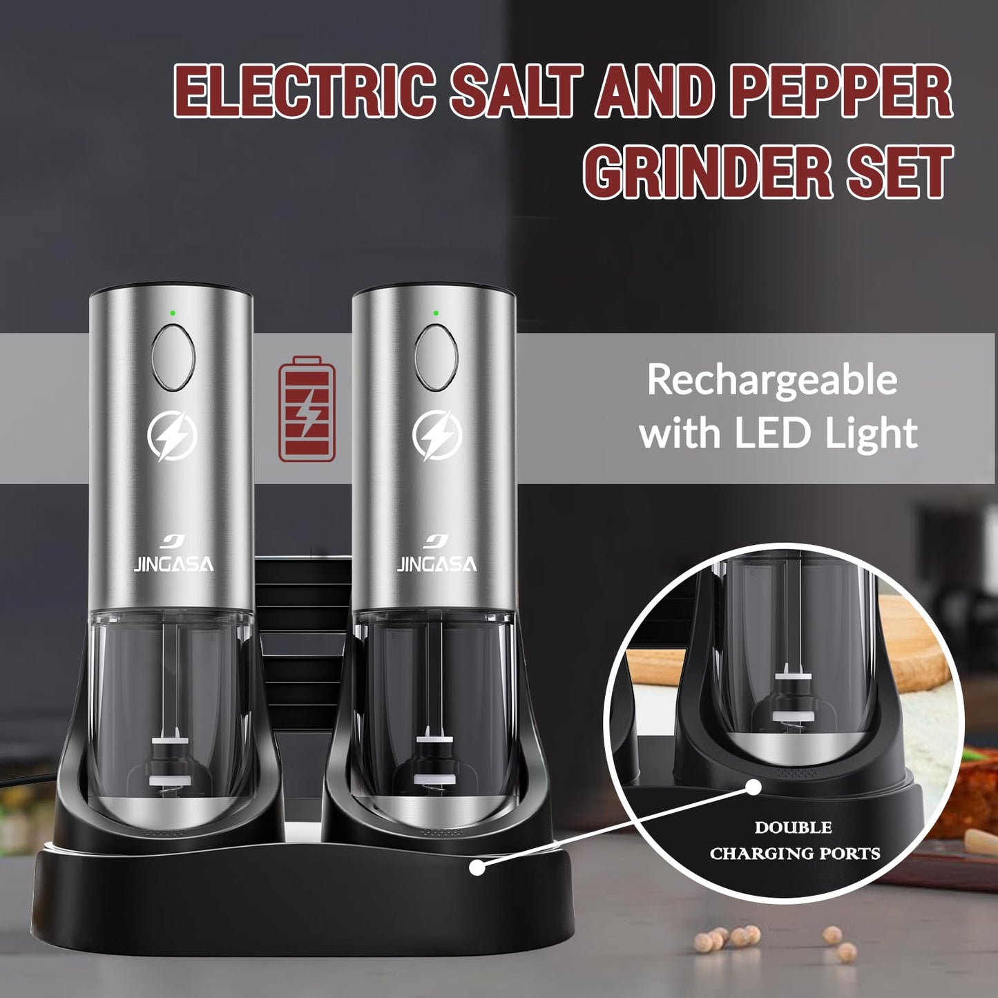 [Upgraded Larger Capacity] Electric Salt and Pepper Grinder Set with USB Charging Base, 95ml Large Capacity, Adjustable Coarseness,Stainless Steel Automatic Pepper Mill (Upgraded Capacity-A)