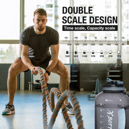 1 Gallon BPA Free Dishwasher Safe 128oz Large Water Bottle with Motivational Time Marker and Handle - Leak-proof Big Black Water Jug for Camping, Sports, Workouts (Chug Lid)