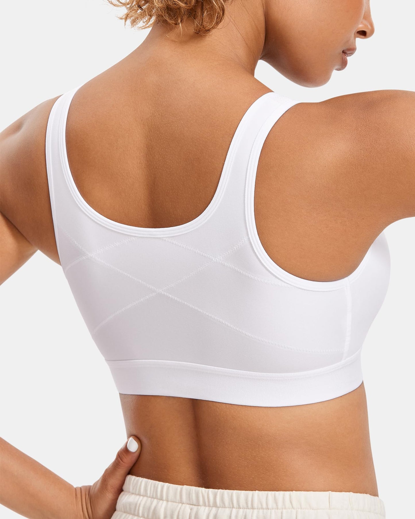 SYROKAN Women's Zip Front High Impact Wireless Racerback High Support Zipper in Front Sports Bra White 36D