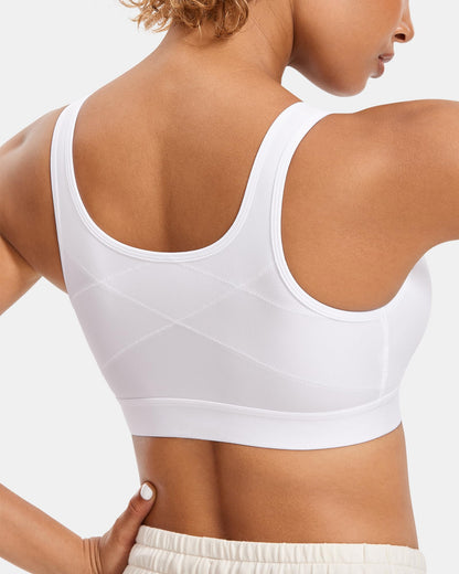 SYROKAN Women's Zip Front High Impact Wireless Racerback High Support Zipper in Front Sports Bra White 36D
