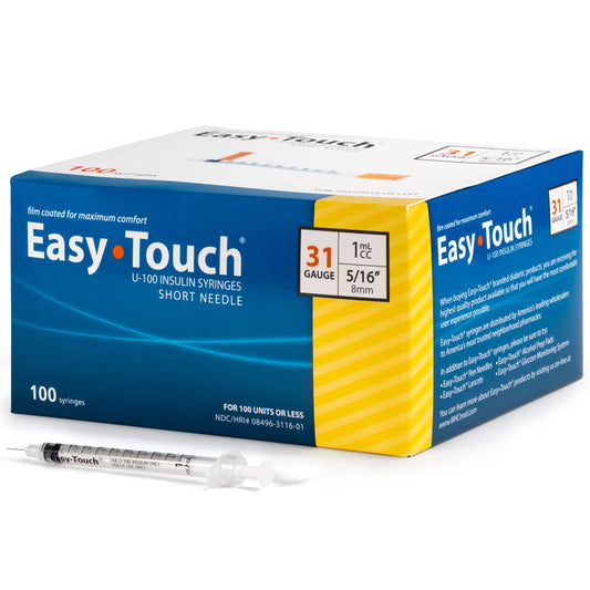 Easy Touch U-100 Insulin Syringe with Needle, 31G 1cc 5/16-Inch (8mm), Box of 100