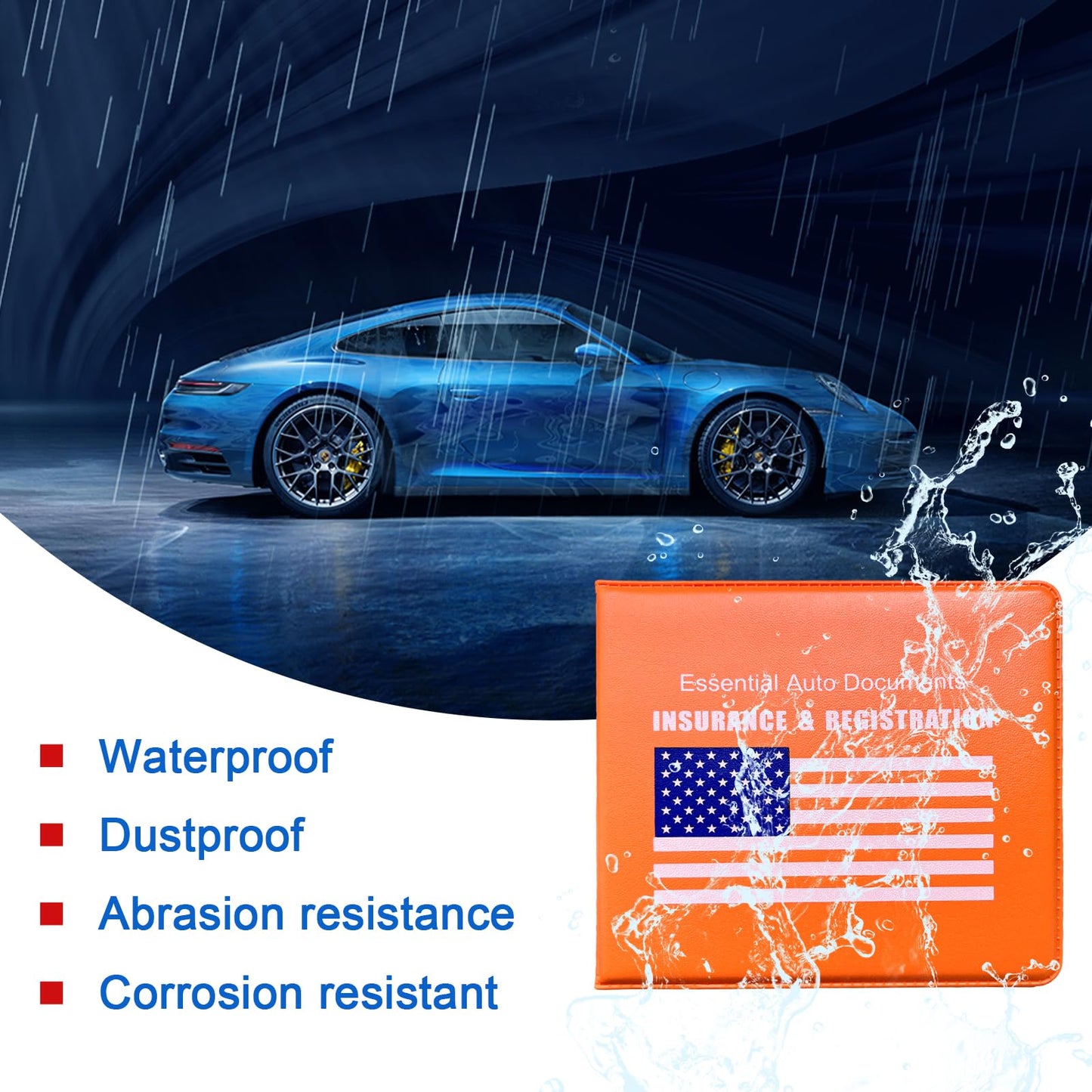 Ziciner Car Registration Insurance Holder, 2Pack Essential Auto PVC Card Document Glove Box Organizer with Velcro Closure, Universal Car Accessories for Men & Women (Orange/Blue Flag)