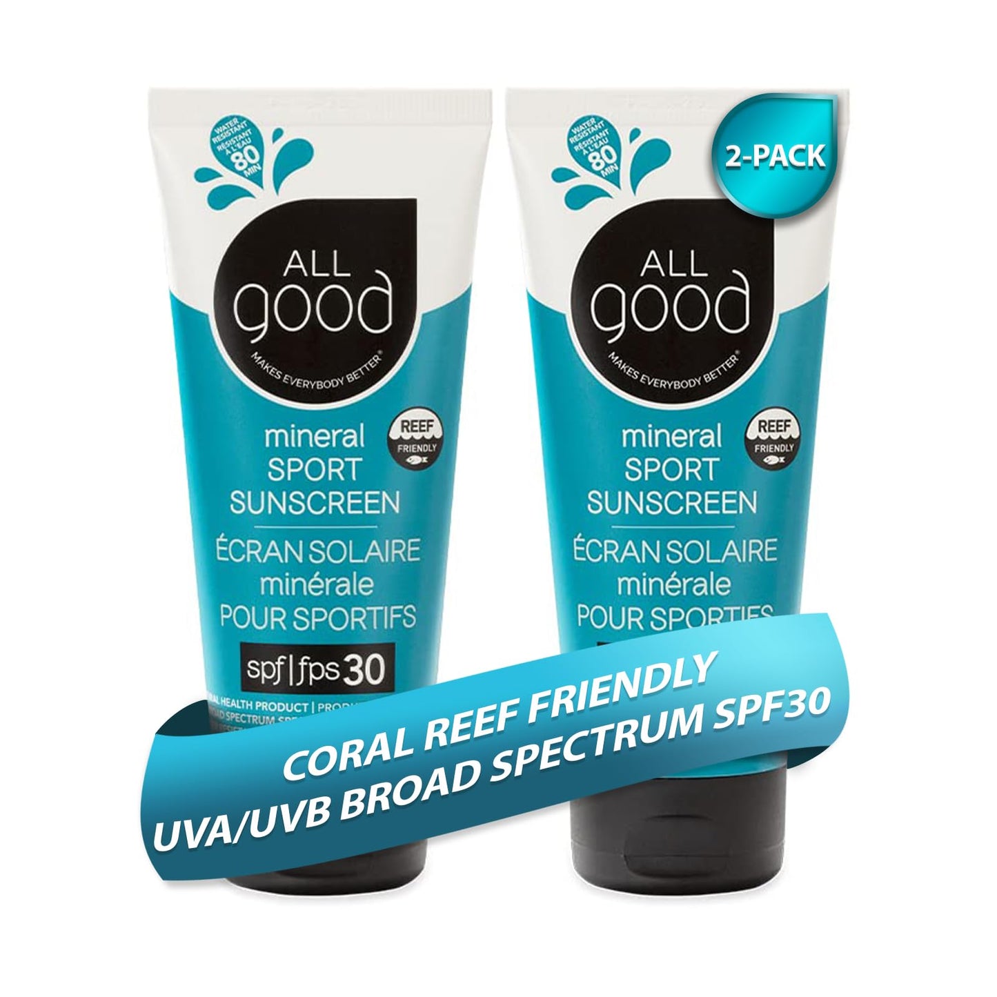 All Good Sunscreen - Sport Mineral Sunscreen Lotion, Reef Friendly, SPF 30+ for Face & Body, Water & Sweat Resistant, 2-pack (3 oz)