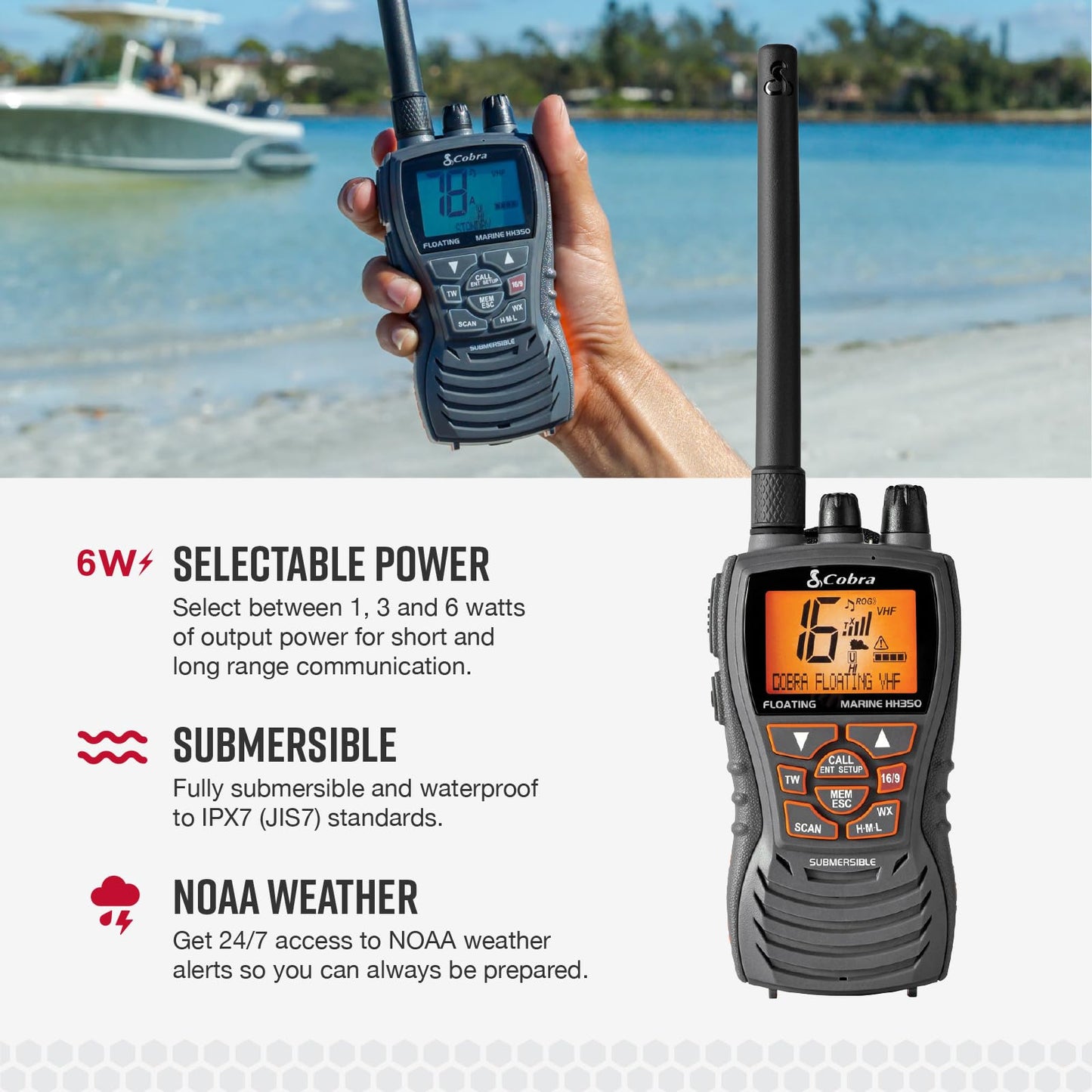 Cobra MR HH350 FLT Handheld Floating VHF Marine Radio - 6 Watt, Submersible, Noise Cancelling Mic, Backlit LCD Display, NOAA Weather, and Memory Scan, Grey