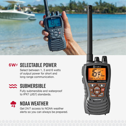 Cobra MR HH350 FLT Handheld Floating VHF Marine Radio - 6 Watt, Submersible, Noise Cancelling Mic, Backlit LCD Display, NOAA Weather, and Memory Scan, Grey