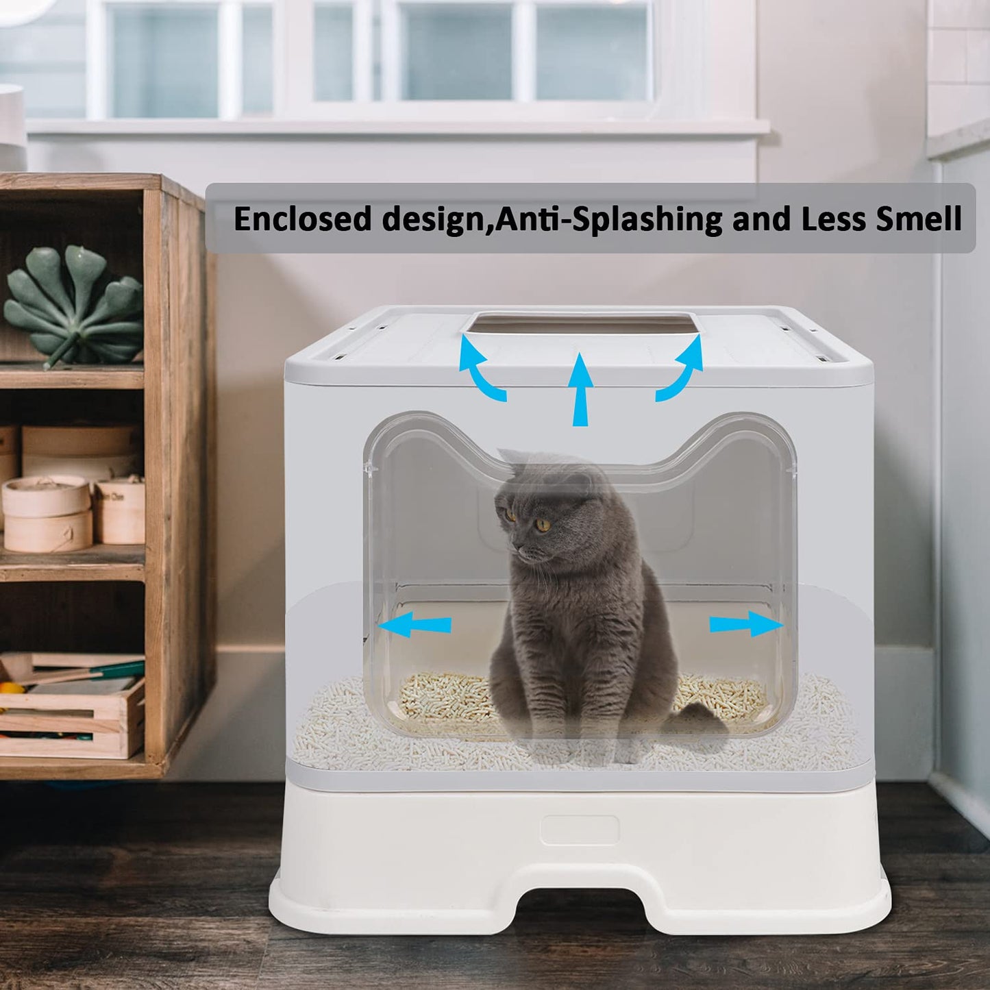 Foldable Cat Litter Box with Lid, Enclosed Potty, Large Top Entry Anti-Splashing Toilet, Easy to Clean Including Litter Scoop and 2-in-1 Cleaning Brush (Grey)