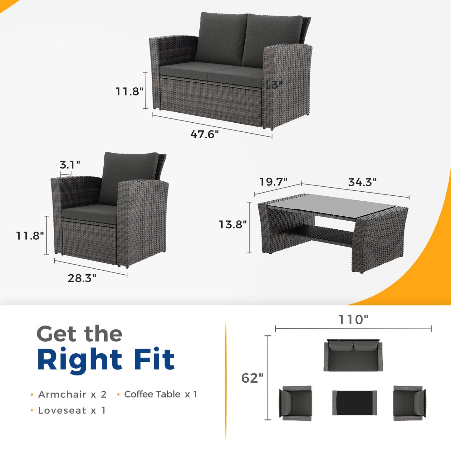 Wisteria Lane 4 Piece Outdoor Patio Furniture Sets, Wicker Conversation Set for Porch Deck, Grey Rattan Sofa Chair with Cushion （Dark Grey