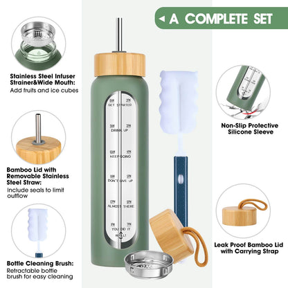 SipZest 32 oz Glass Water Bottles with Straw - Motivational Bottle with Time Marker & Silicone Sleeve - Reusable Tumbler Includes 2 Bamboo Lids & Fruit Infuser - 1 Pack