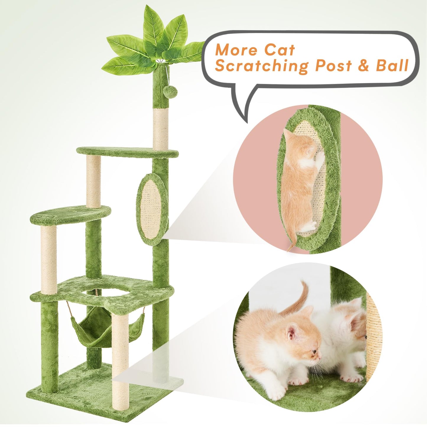 TSCOMON 55" Cat Tree for with Green Leaves, Multi-Level Large Cat Tower with Hammock, Plush Cat House with Hang Ball Toy and Sisal Scratching Posts Furniture, Green