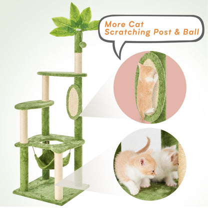 TSCOMON 55" Cat Tree for with Green Leaves, Multi-Level Large Cat Tower with Hammock, Plush Cat House with Hang Ball Toy and Sisal Scratching Posts Furniture, Green