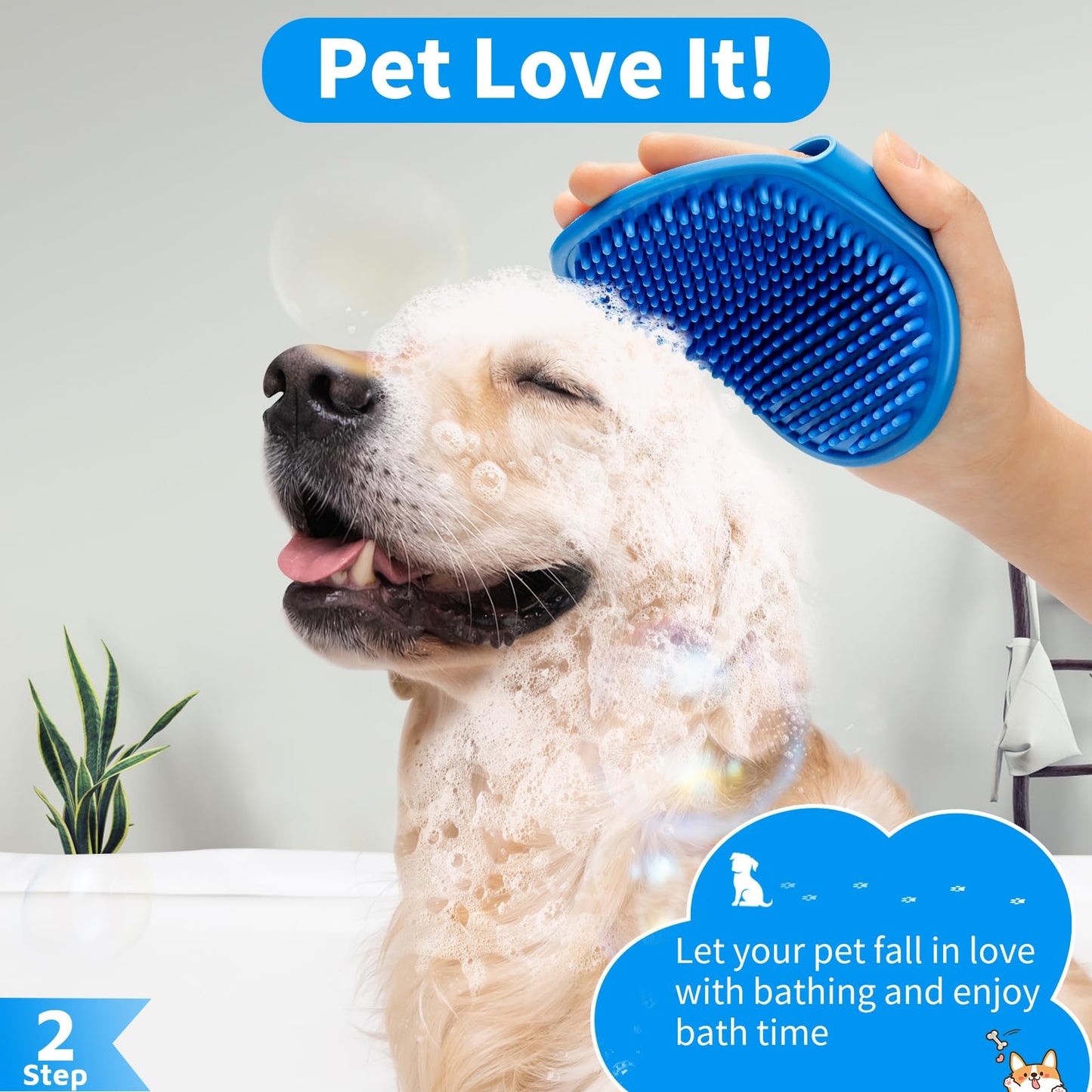 Comotech 3-in-1 Dog Grooming Brush | Adjustable Handle Shampoo Brush & Scrubber for Short & Long Haired Dogs & Cats (Blue Blue White)