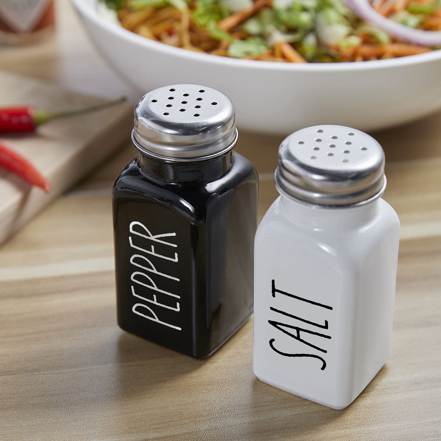 Salt and Pepper Shakers Set, Dopeca 2.7oz Glass Salt Shaker with Stainless Steel Lid, Black and White Modern Kitchen Decor and Accessories, Cute Salt and Pepper Set for Kitchen or Restaurant