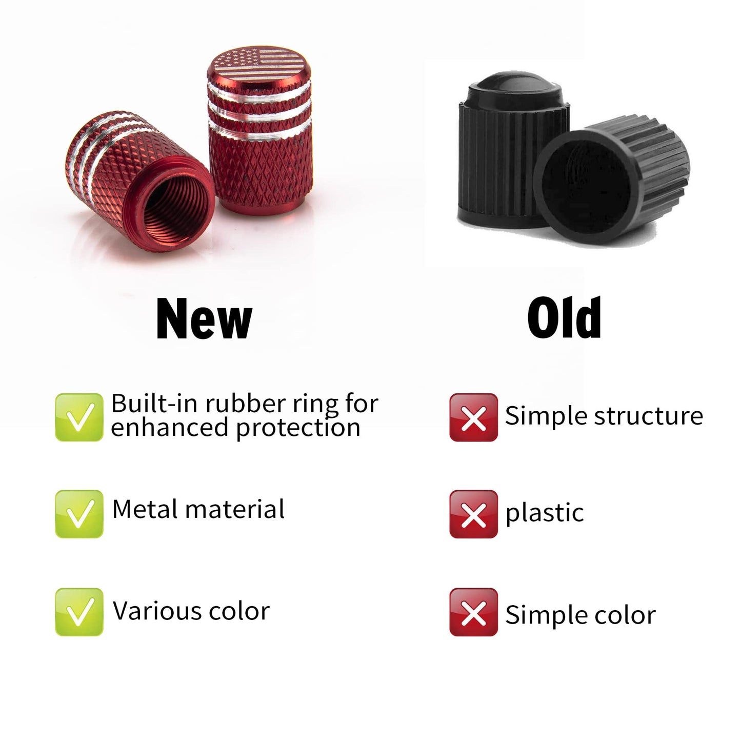 SINGARO American Flag Valve Stem Cap, 12PCS Aluminum Alloy Rubber Sealed Tire Cap, Universal for Cars, Trucks, SUVs and Motorcycles, Car Exterior Accessories (Red)