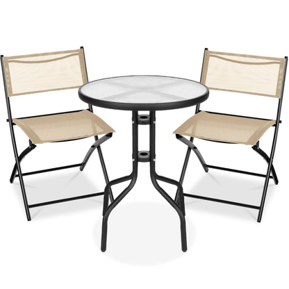 Best Choice Products 3-Piece Patio Bistro Dining Furniture Set w/Textured Glass Tabletop, 2 Steel Folding Chairs, Polyester Fabric - Beige