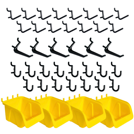 WallPeg Pegboard Bin & Peg Hook Assortment Set – Peg Board Accessories for Organizing Tools, Garage, and Workshop, 4 Yellow Bins with J, L, and Jumbo Style Hooks