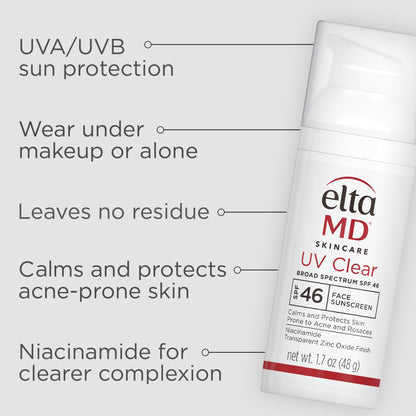 EltaMD UV Clear Face Sunscreen SPF 46, Oil Free for Face with Zinc Oxide, Dermatologist Recommended Sunscreen Lotion, For Acne-Prone Sensitive Skin, 1.7 oz Pump