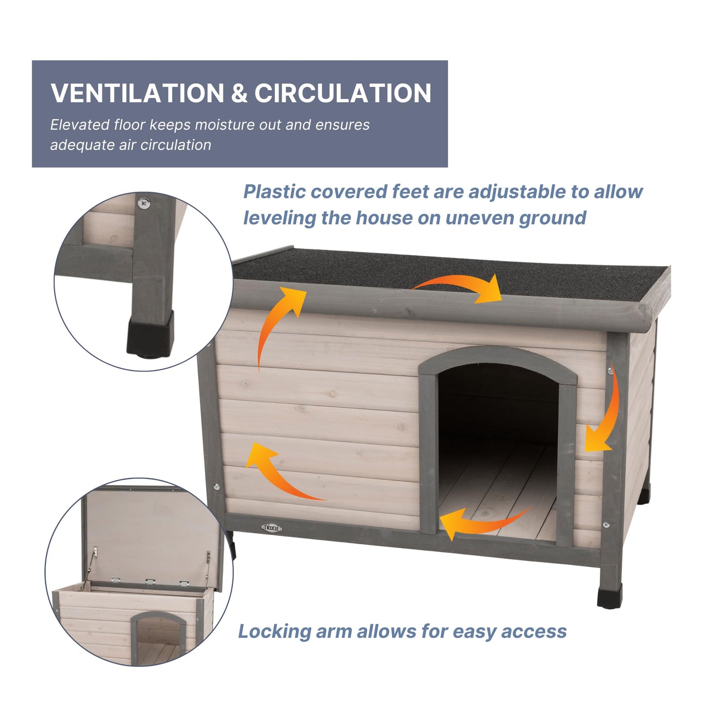 TRIXIE Natura Classic Dog House – Outside, Large, Weatherproof Sealer & Hinged Roof, Adjustable Legs