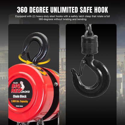 BIG RED Hand Chain Hoist 1 Ton 2000 Lbs Capacity 8ft/2.5m Torin Manual Chain Fall with 2 Heavy Duty Hooks, for Warehouse Automotive Machinery, Red, TR9010