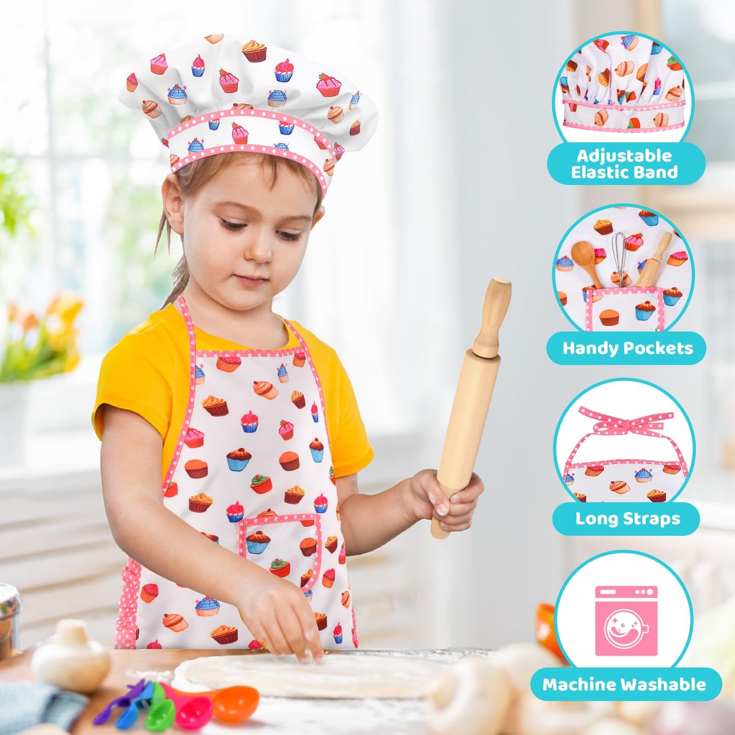 Toyze Birthday Gifts for 3-8 Year Old Girls Cute Stuff Apron for Girls Kids Cooking Sets Toddler Toys Kids Chef Hat and Apron Easter Christmas Stocking Stuffers White-with Cookbook