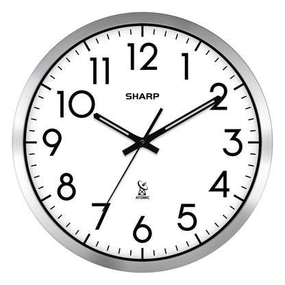 Sharp Atomic Analog Wall Clock - 12" Silver Brushed Finish - Sets Automatically- Battery Operated - Easy to Read - Easy to Use– Modern Design and Style