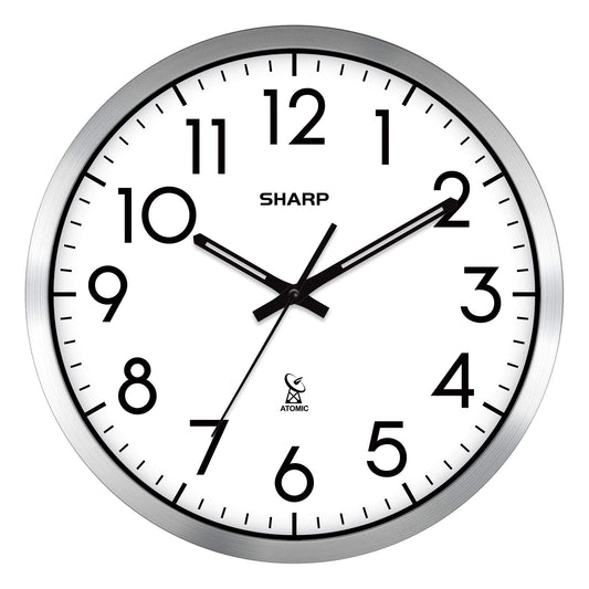 Sharp Atomic Analog Wall Clock - 12" Silver Brushed Finish - Sets Automatically- Battery Operated - Easy to Read - Easy to Use– Modern Design and Style