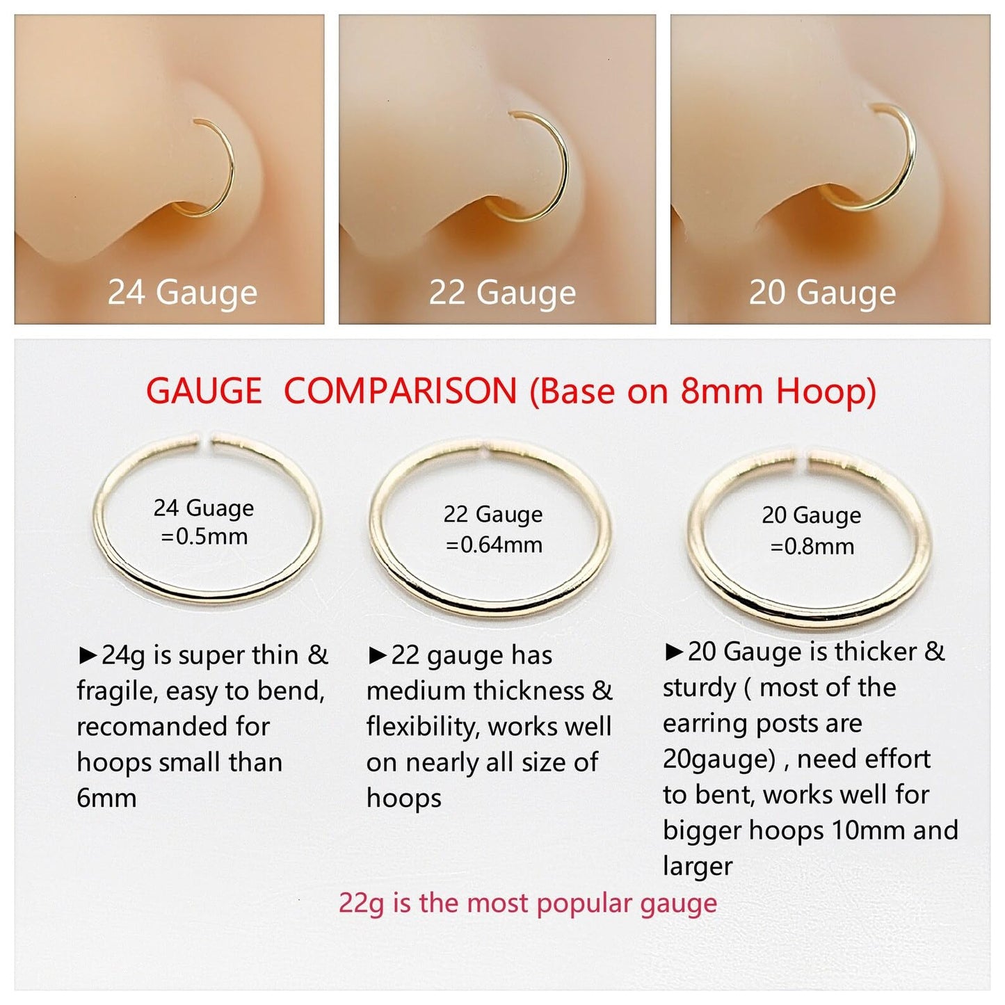 Small Gold Nose Ring Hoop for Women, Tiny Thin 14k Gold Filled Nose Piercing Hoop Jewelry 7mm 22G