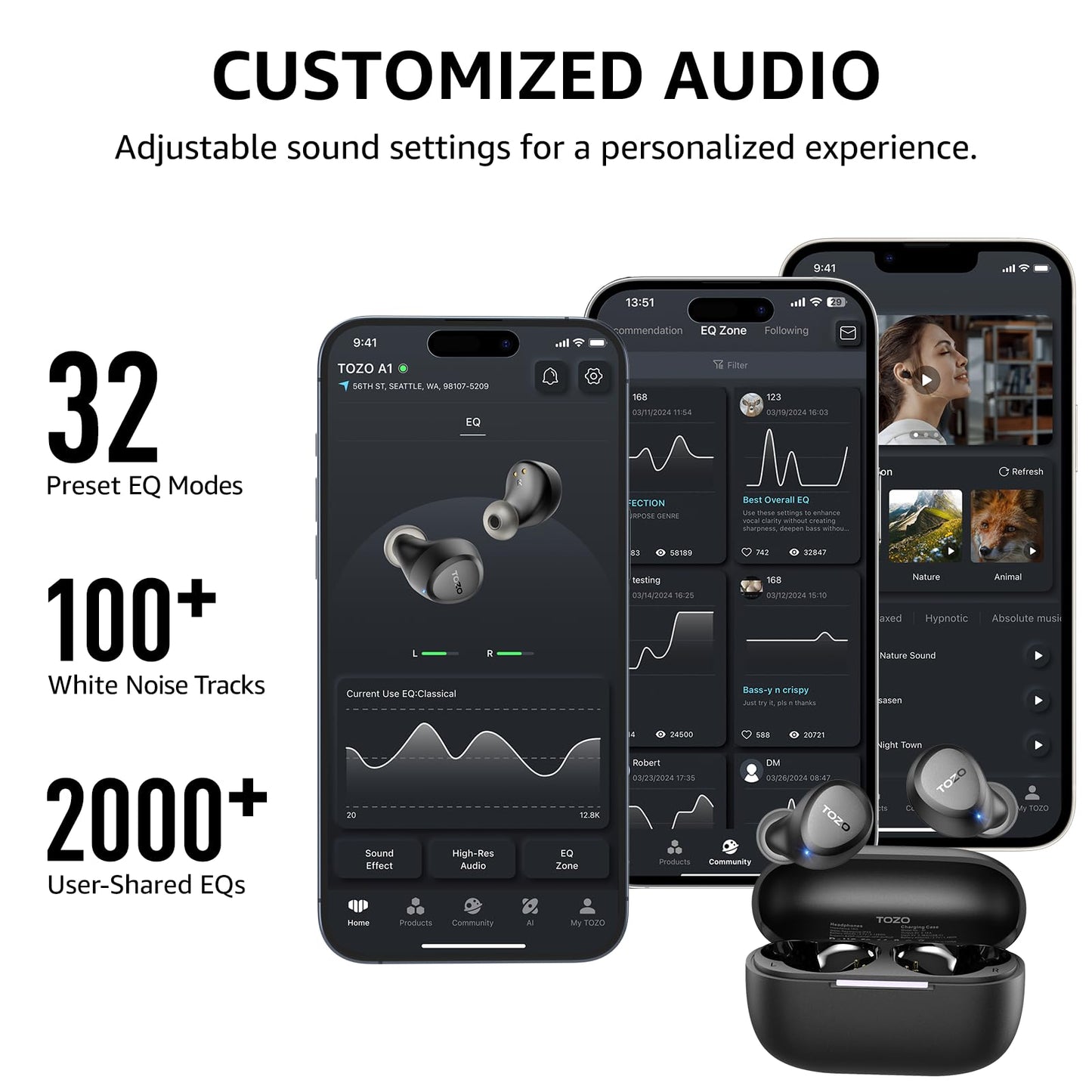 TOZO A1 Wireless Earbuds Bluetooth 5.3 Light Weight in Ear IPX5 Waterproof Headphones 2 Mic for AI Calls, Immersive Premium Sound Bass Headset with Charging Case, 32 Presets EQ Customization via App