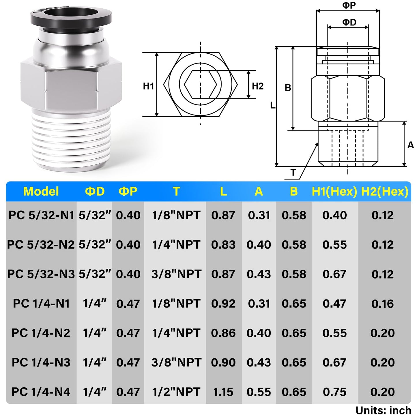 TAILONZ PNEUMATIC Male Straight 1/4 Inch Tube OD x 1/4 Inch NPT Thread Push to Connect Fitting PC-1/4-N2 (Pack of 10)