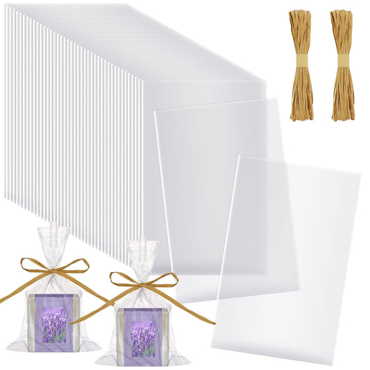Tudomro 100 Pcs Clear Flat Cellophane Soap Bags for Packaging 4.9'' x 7.9'' Small Mini Soap Cookie Candy Wrappers Bags with Raffia Rope for Wedding Christmas Craft Gift Birthday Party Favor Supplies