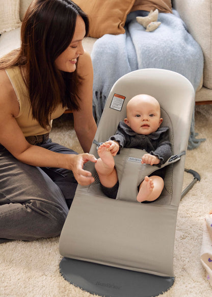BabyBjörn Bouncer Balance Soft, Tri-Fabric, Sand Grey | 2-in-1 Adjustable Baby Bouncer Seat and Toddler Chair, Newborn to Toddler (8-29 lbs), 4 Positions, Lightweight & Portable