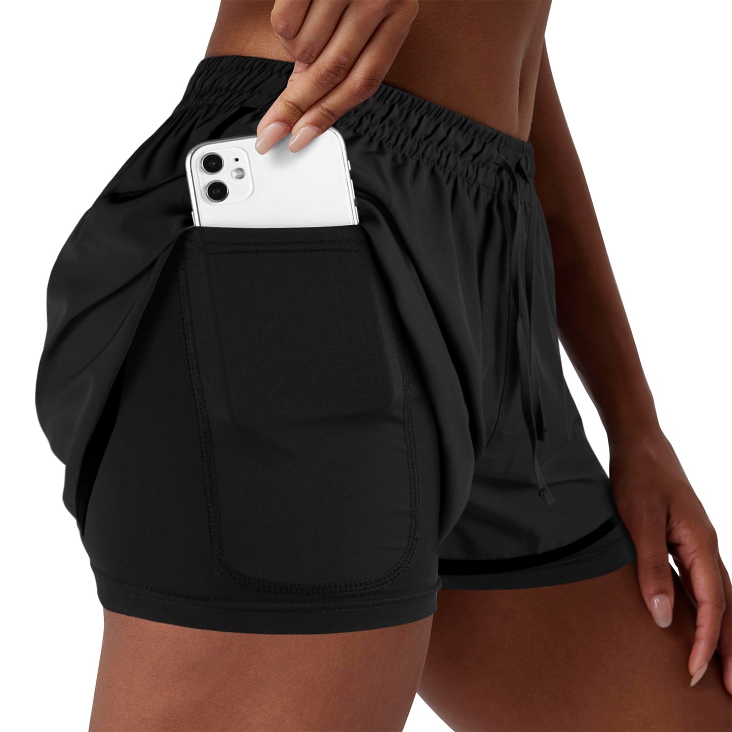 Yevrimow Women's 2 in 1 Running Shorts for Gym Yoga Workout Athletic Shorts High-Waisted Shorts with Liner Pockets Black