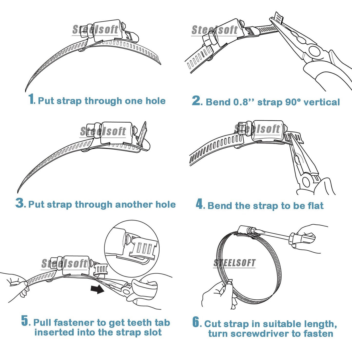Steelsoft 304 Stainless Steel Hose Clamp Assortment Kit DIY, Cut-To-Fit 12 FT Metal Strap+8 Stronger Fasteners,Large Adjustable Worm Gear Band Hose Clamps Screw Clamps Duct Pipe Metal Clamp Strapping