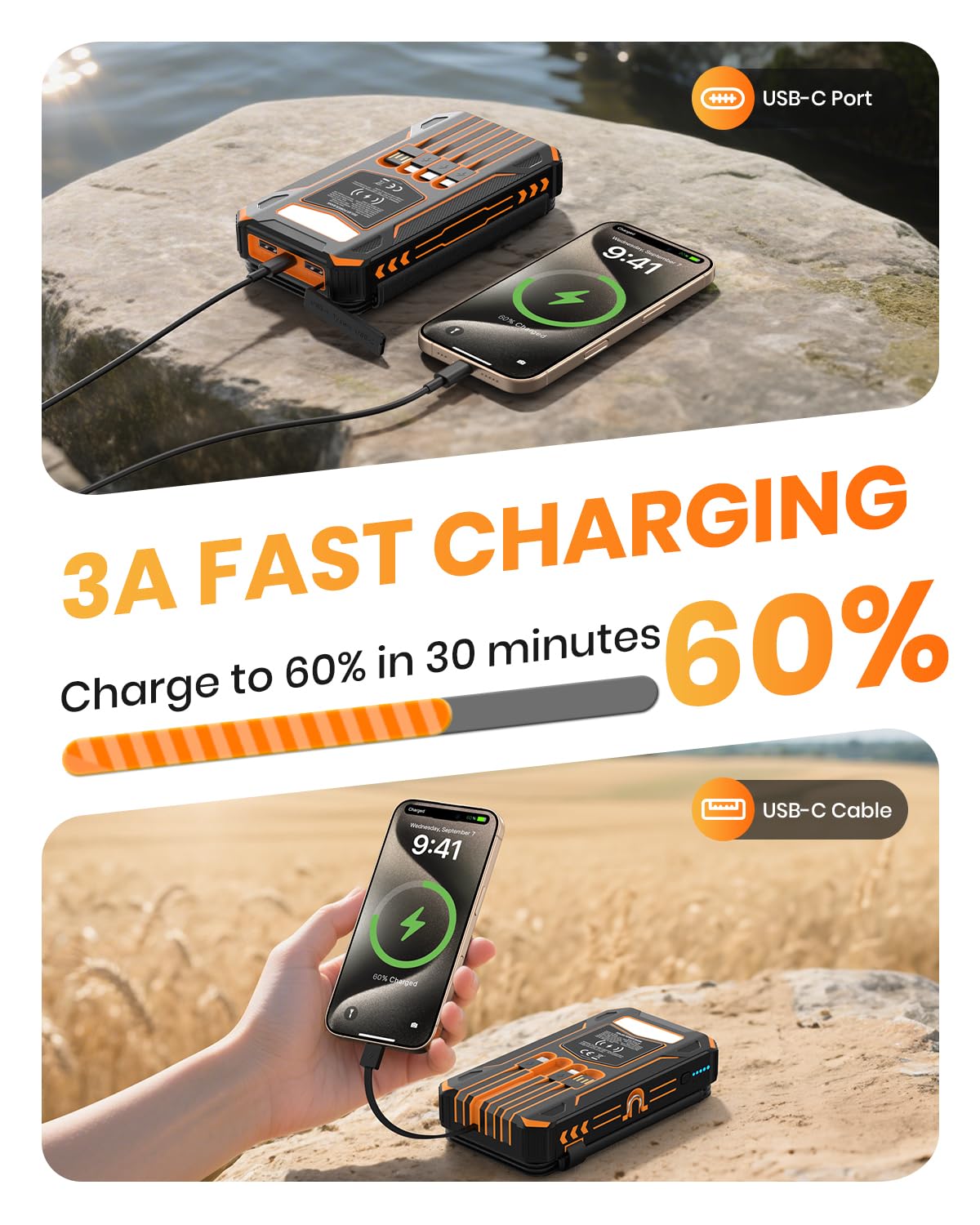 SOARAISE-Solar-Charger-Power-Bank - 48000mAh Wireless Portable Charger Built-in 4 Cables and 4 Solar Panels, PD QC 3.0 Fast Charging USB C Battery Pack with Flashlight for Camping Travel
