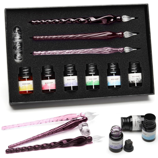 ESSSHOP Glass Pen Calligraphy Set - 3 Purple Crystal Dip Pens Color Ink and Pen Holder Art Supplies Kit for Signatures Beginners Journaling Lettering Drawing Holiday Gift Decoration