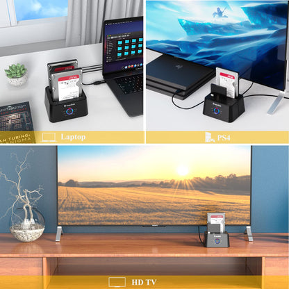 WAVLINK USB 3.0 and USB C to SATA Dual-Bay External Hard Drive Docking Station for 2.5/3.5 Inch HDD/SSD with UASP (6Gbps), Support Offline Clone/Duplicator Function [16TB X2 ]-Black