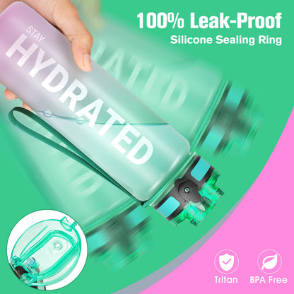 Sahara Sailor Water Bottle 32oz, Durable and Leakproof Water Bottles Motivational with Time Marker, Tritan, BPA Free, Wide Mouth with Easy Clean Brush for Gym, Travel, Home, School, Office (1 Bottle)