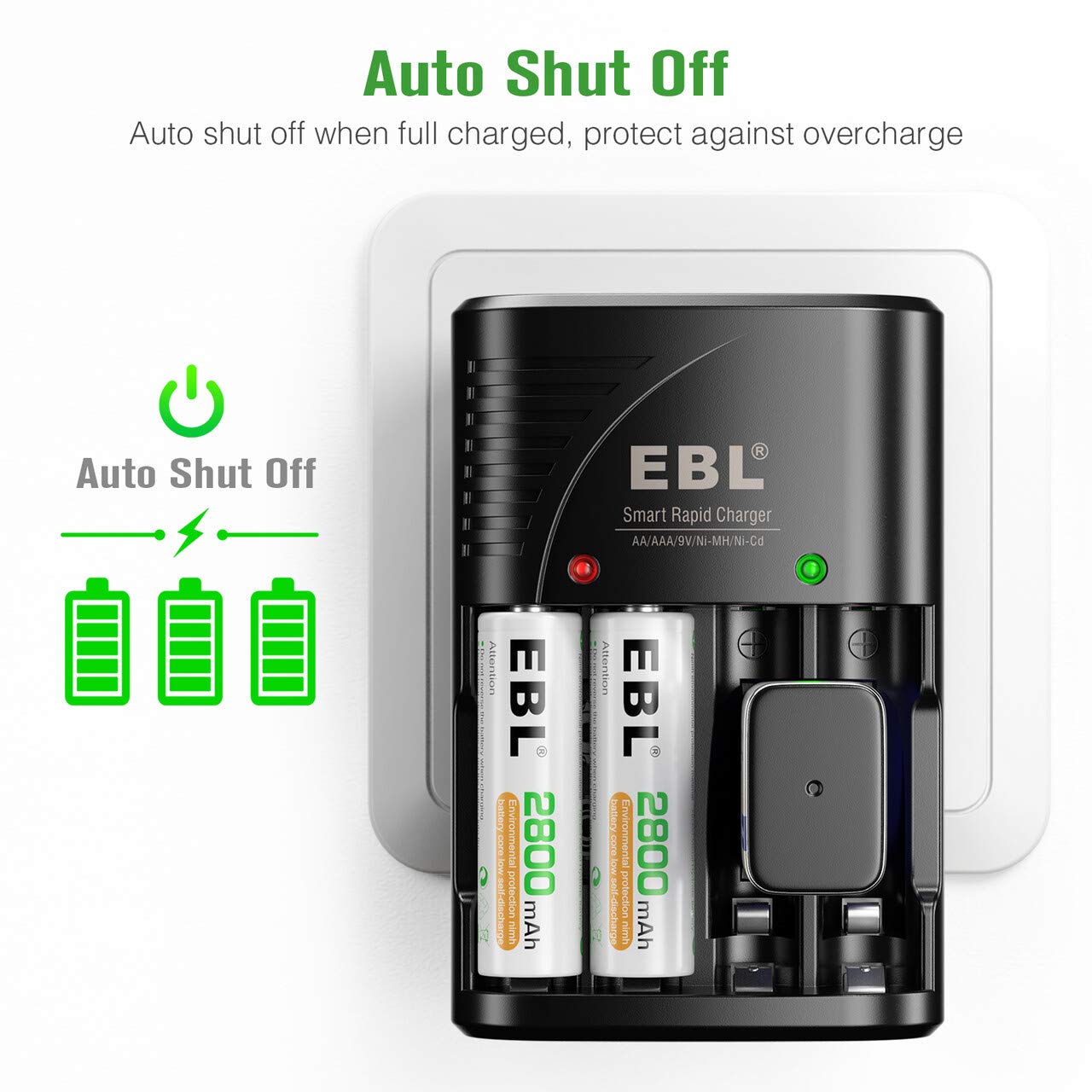 EBL Rechargeable AA Batteries 4 Pack, Precharged Double A Battery 2800mAh and AA AAA Battery Charger with Foldable Wall Plug