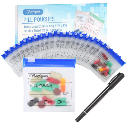 Serfeymi 32 Pcs Zippered Pill Pouches Organizer Plastic Bags 3 X 3 Inches 12 mil Self Sealing with Slide Lock Writable Label Translucent Travel Medicine Storage Bag Case and 1 Pc Marker-Blue
