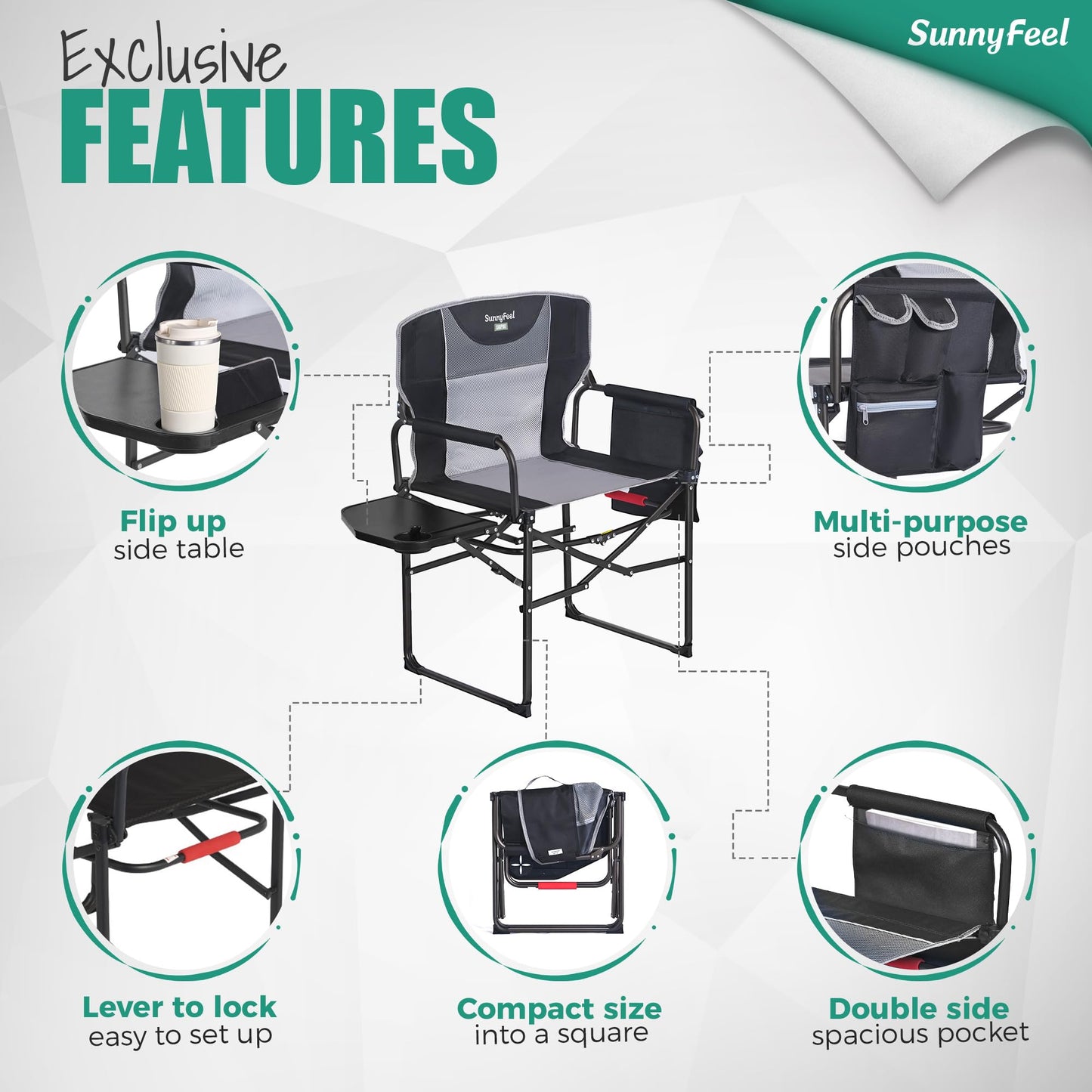 SUNNYFEEL Oversized Camping Directors Chair 500 LBS Heavy Duty, Portable Folding Chair with Side Table, Pocket for Beach, Fishing,Trip,Picnic,Lawn,Concert Outdoor Foldable Camp Chairs