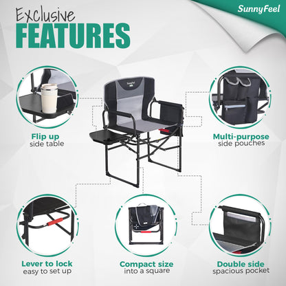 SUNNYFEEL Oversized Camping Directors Chair 500 LBS Heavy Duty, Portable Folding Chair with Side Table, Pocket for Beach, Fishing,Trip,Picnic,Lawn,Concert Outdoor Foldable Camp Chairs