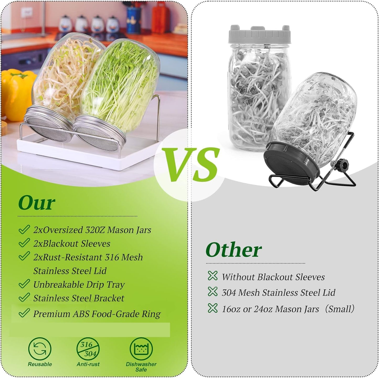 Premium Sprouting Jar Kit 2Pcs Large Wide Mouth Mason Jars With Screen Sprout Lid,Sprouting Jar Stand,Tray,Blackout Sleeves,-Seed Sprouting Kit For Growing Mung beans,Broccoli