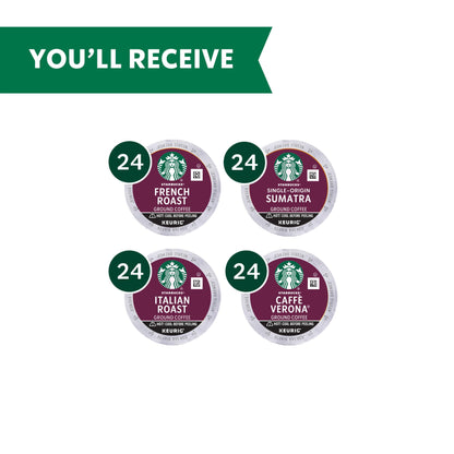 Starbucks K-Cup Coffee Pods, Dark Roast Coffee Variety Pack for Keurig Brewers, 100% Arabica, 1 Box (96 Pods)