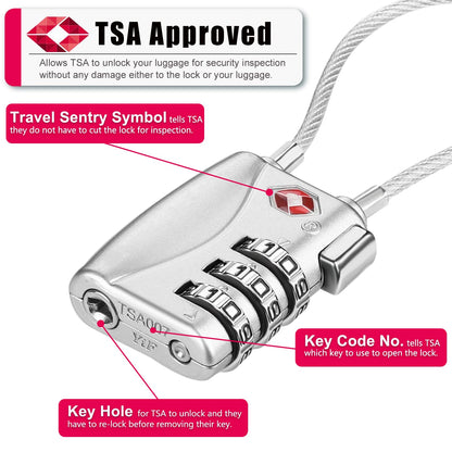 ZHEGE TSA Lock for Luggage 3 Digit Combination Cable Lock with Alloy Body for Suitcase, Baggage, Backpack, Pistol Case (Silver)