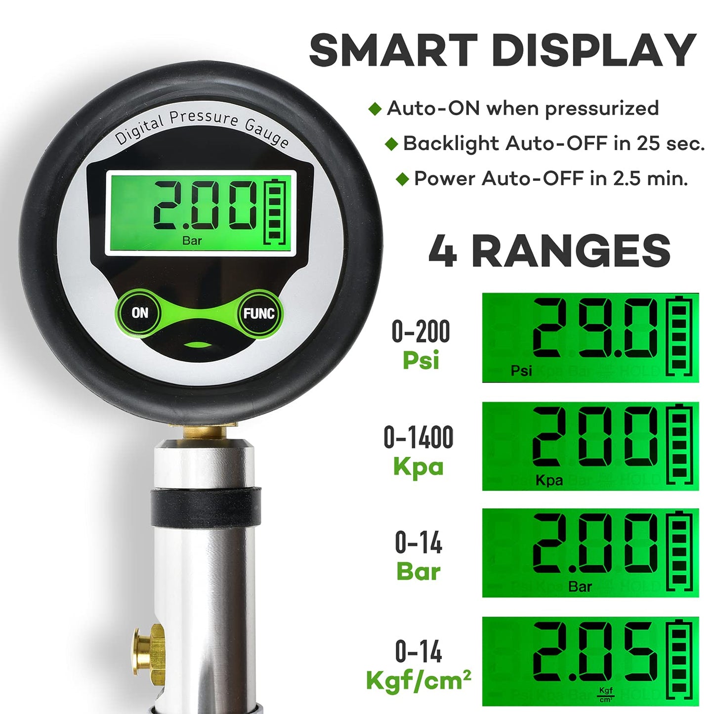 CycloSpirit Digital Bicycle Tire Inflator Gauge with Auto-Select Valve Type - Presta and Schrader Air Compressor Tool