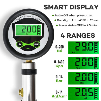 CycloSpirit Digital Bicycle Tire Inflator Gauge with Auto-Select Valve Type - Presta and Schrader Air Compressor Tool