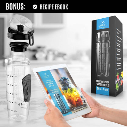 Zulay Fruit Infuser Water Bottle - 34oz - Leakproof With Full-Length Infusion Rod - Men Women's Ideal Fitness Gift Or For Gym, Camping - Black