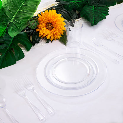 WDF 25 Guest Clear Plastic Plates with Clear Plastic Silverware - Clear Plates and Cups for Party include 25 Dinner Clear Plates, 25Salad Plates, 25Forks, 25Knives, 25 Spoons, 25Cups