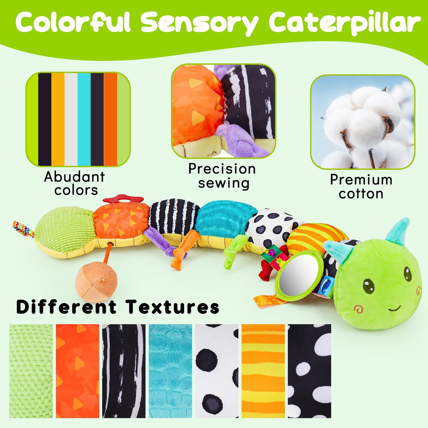 Baby Sensory Toy 0-6 Month Music Animal Stuffed Plush Caterpillar Toy for Infant 0-3-6 Month Tummy Time with Baby Mirror Crinkle Rattle for 6-12 Month Carseat Toys for Newborn Boys Girls Shower Gifts
