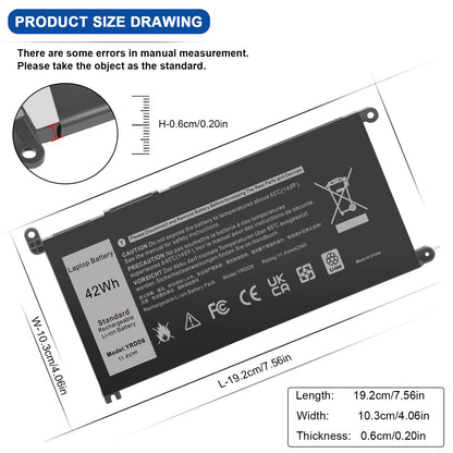YRDD6 Battery for Dell Inspiron 5591 7586 5491 5481 5482 5485 3310 2-in-1 15 3582 3583 3593 3584 5590 5593 5594 5585 5598 14 3493 5493 5480 3793 Vostro 3491 5481 5581 5490 5590 0YRDD6 01VX1H 0VM732